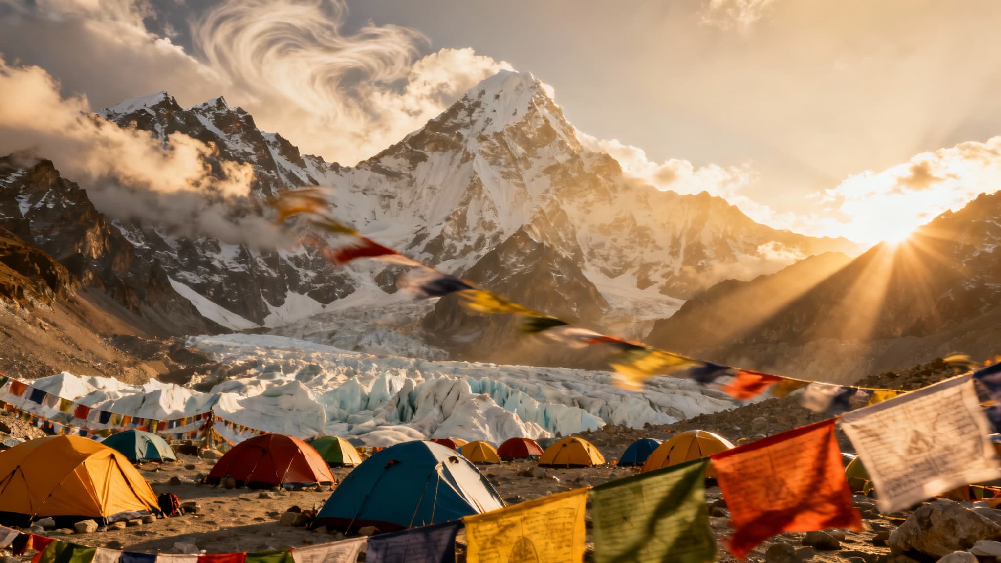 Mount Everest base camp at golden hour with colorful expedition tents, prayer flags, and dramatic mountain peaks